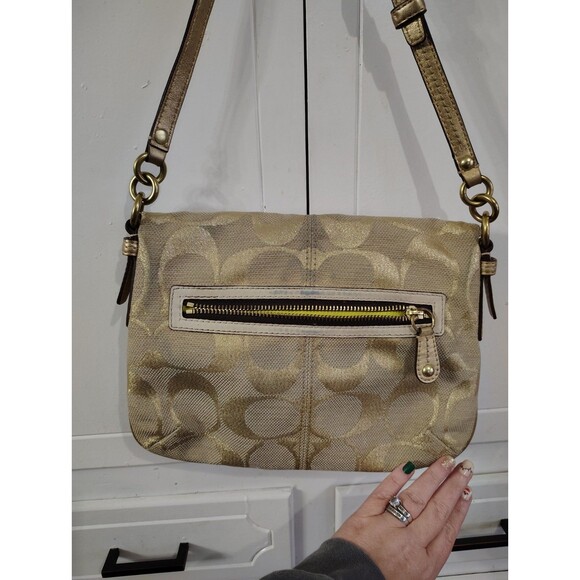 Coach Signature Metallic Gold Canvas Leather Trim FoldoverCrossbody Bag - Picture 3 of 10